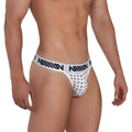 White men’s briefs with navy blue star pattern and matching miiow logo waistband from metromalewear stripe thong 2502-92