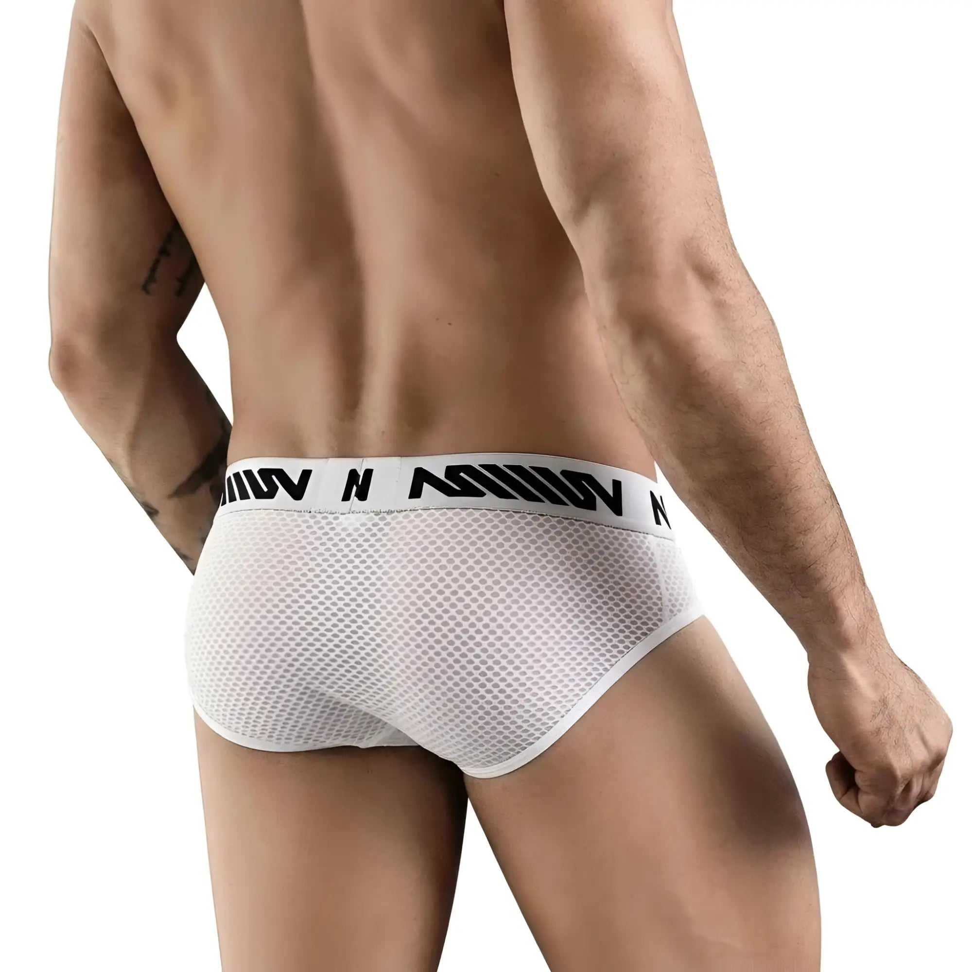 White mesh briefs with a black logo band from metromalewear suena brief white 5003-49