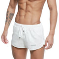Metro male wear summer swim shorts white with drawstring waistband and subtle gray logo on lower left leg