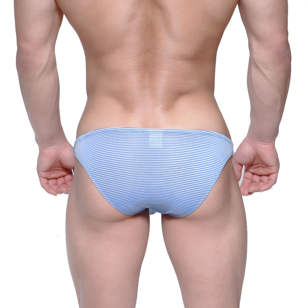 Light blue and white striped men’s briefs metro male wear sunbathing bikini blue stripe 2004-40 front view