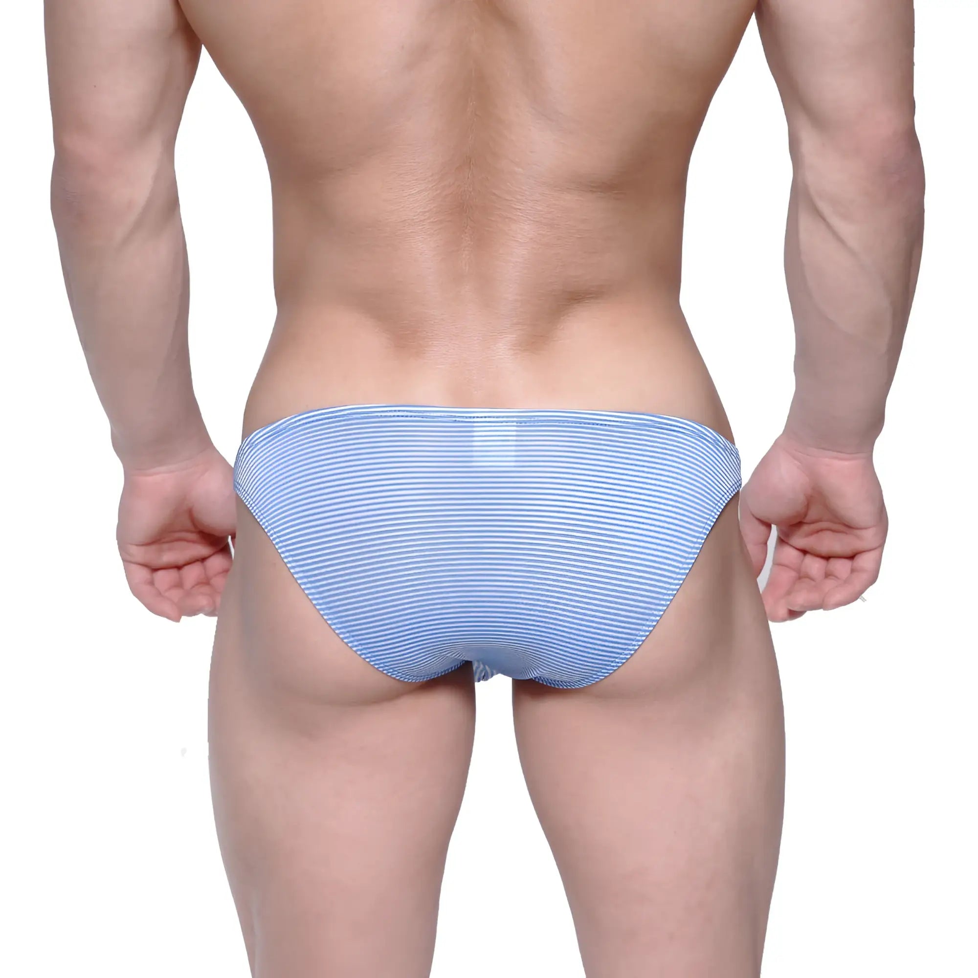 Light blue and white striped men’s briefs metro male wear sunbathing bikini blue stripe 2004-40 front view