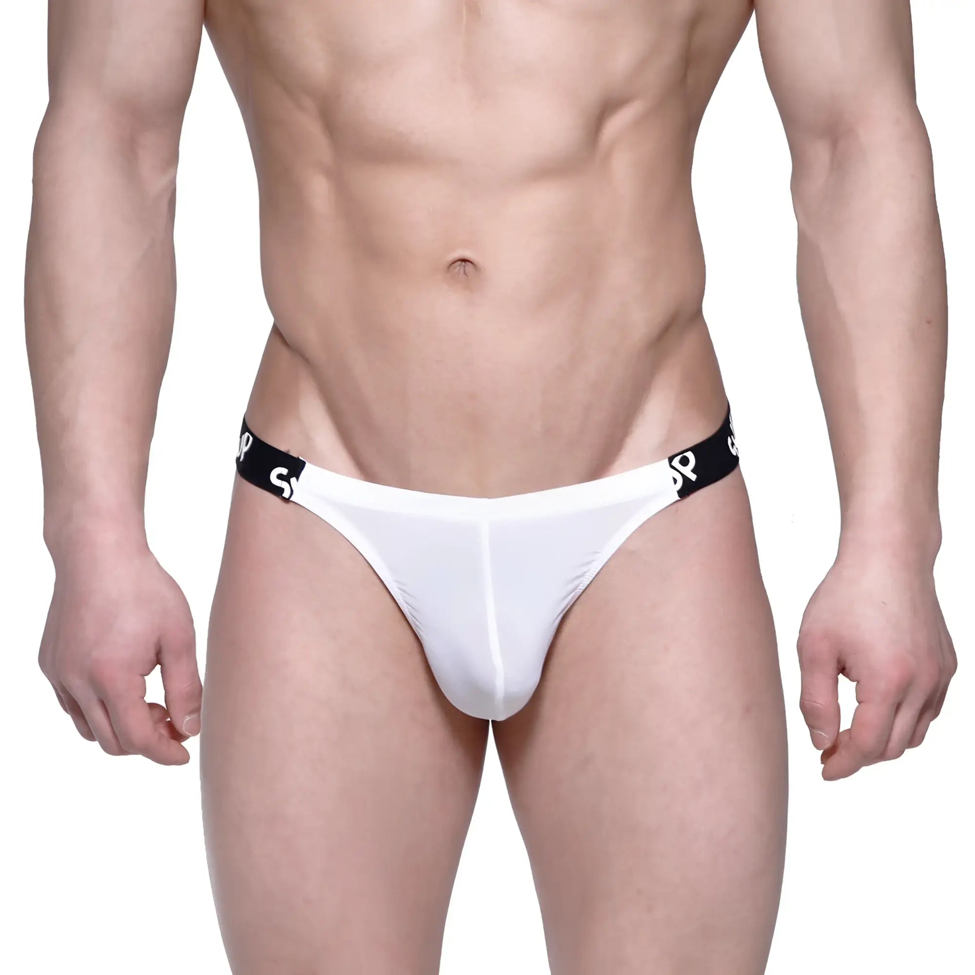 White thong with black elastic waistband featuring metroMalewear logo pattern for everyday wear