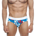 MetroMaleWear super hero hip brief 5003-99 blue and red graffiti patterned briefs with white waistband front view
