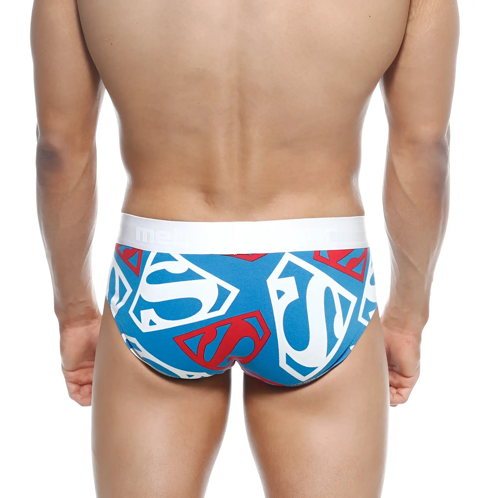 MetroMaleWear super hero hip brief 5003-99 with blue and red Superman logo pattern and white waistband
