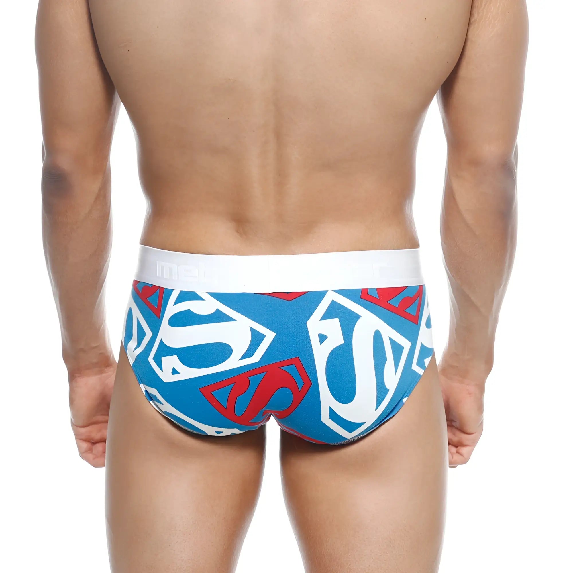 MetroMaleWear super hero hip brief 5003-99 with blue and red Superman logo pattern and white waistband