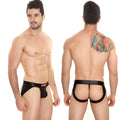 Black leather-like MetroMaleWear super jock strap with wide waistband and rear cutouts shown from the back side