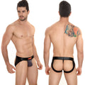 Black leather thong with purple inner panel and orange logo on waistband from metromalewear super jock strap charcoal 2001-11