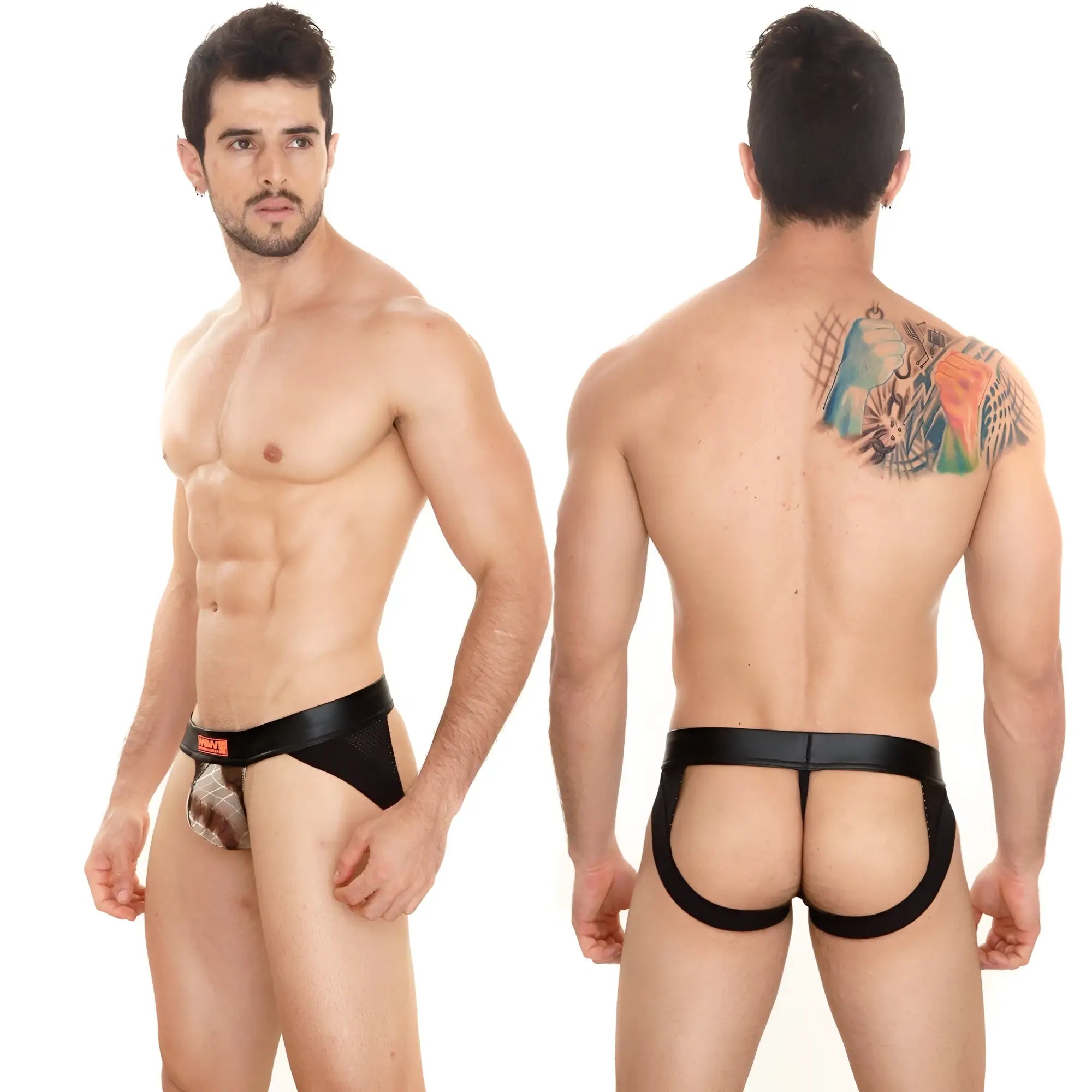 Metro male wear super jock strap mesh 2001-71 black leather-trimmed men’s briefs with patterned front panel