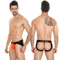 Black and orange men’s thong with black elastic waistband featuring MetroMaleWear logo for a bold jock strap look