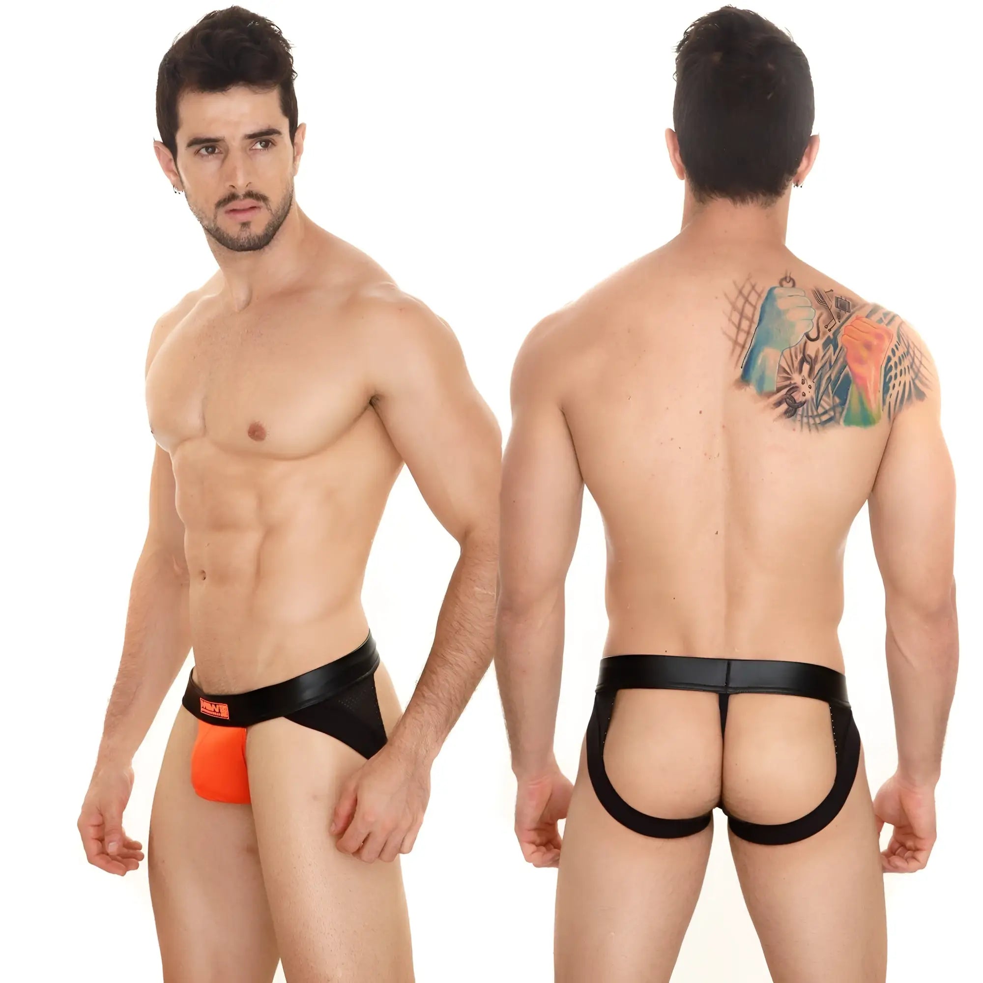 Black and orange men’s thong with black elastic waistband featuring MetroMaleWear logo for a bold jock strap look