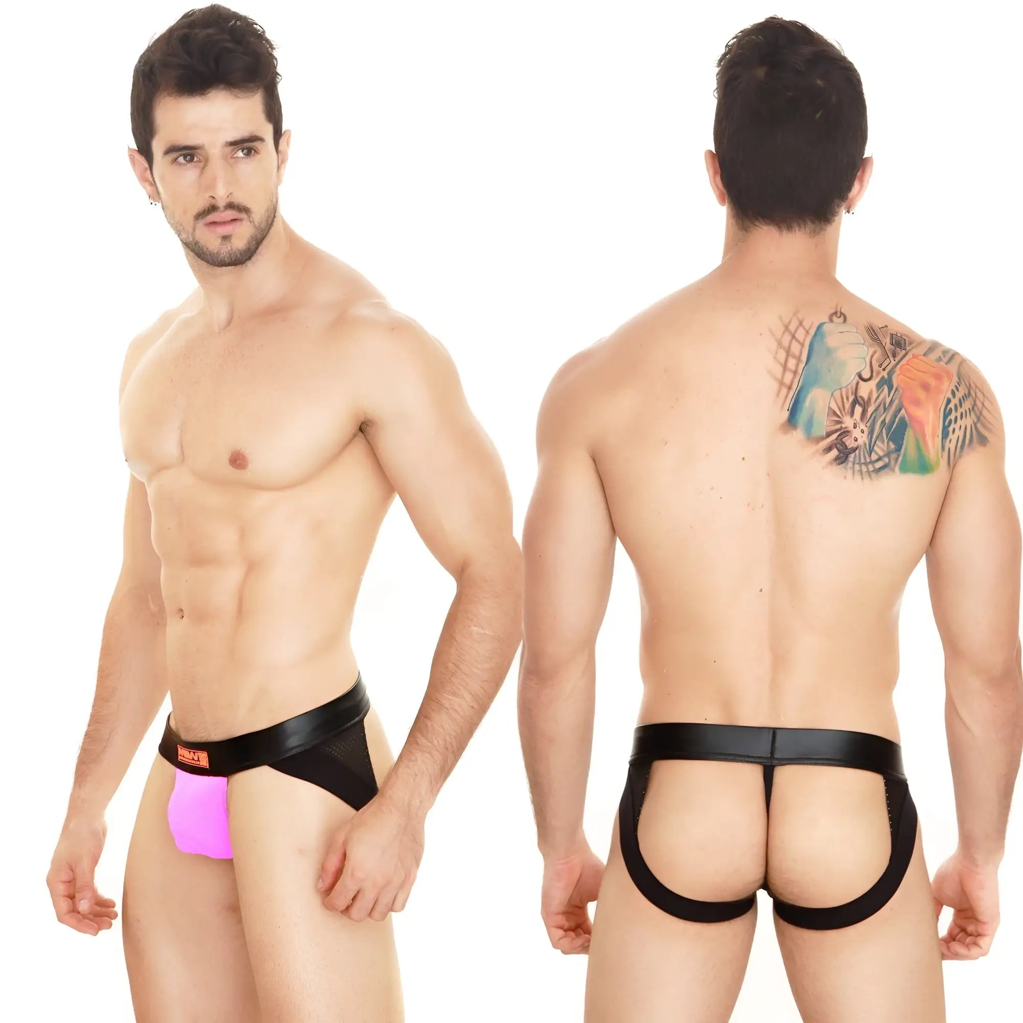 Black and pink metroMalewear super jock strap briefs with black waistband and orange logo front view