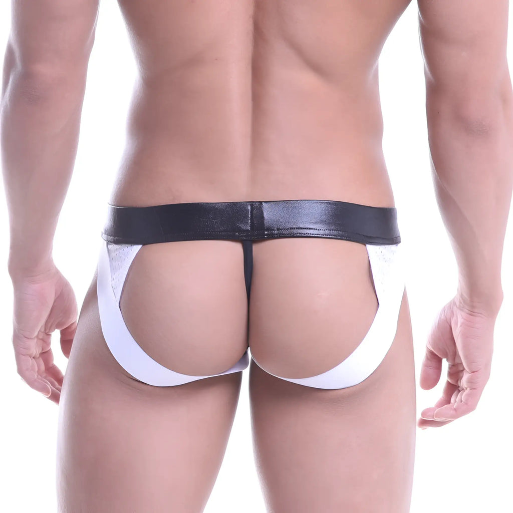 Metro male wear super jock strap white 2001-03 sleek black and white leather-like briefs with shiny design front view
