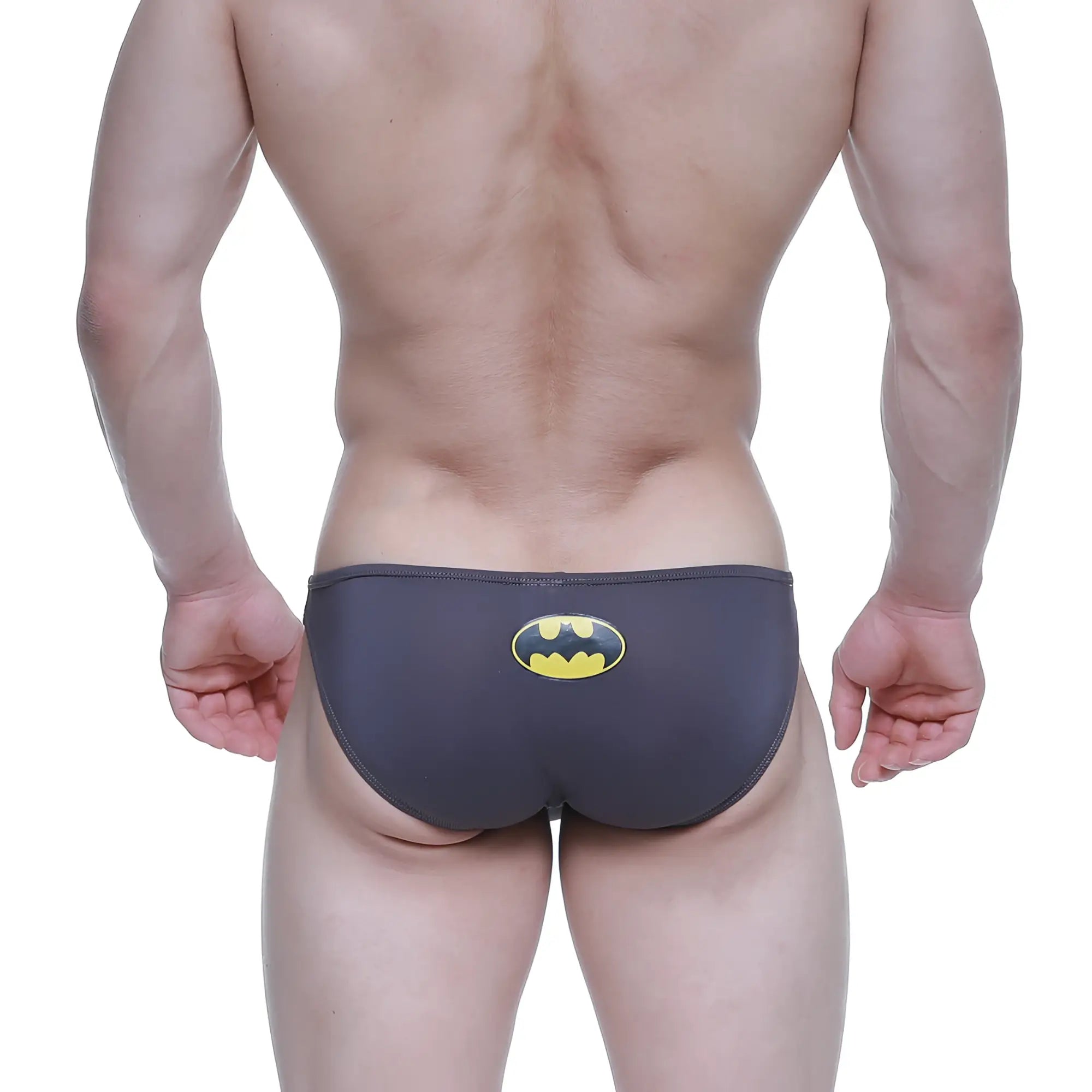 Dark gray metro male wear super lowrise bikini swim trunks with yellow and black batman logo on the back side