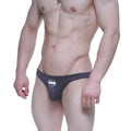 Dark gray metro malewear super lowrise bikini briefs with white batman logo on the front for comfortable wear