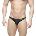 Black m2w super lowrise bikini thong with sleek form-fitting design and neon yellow logo on waistband