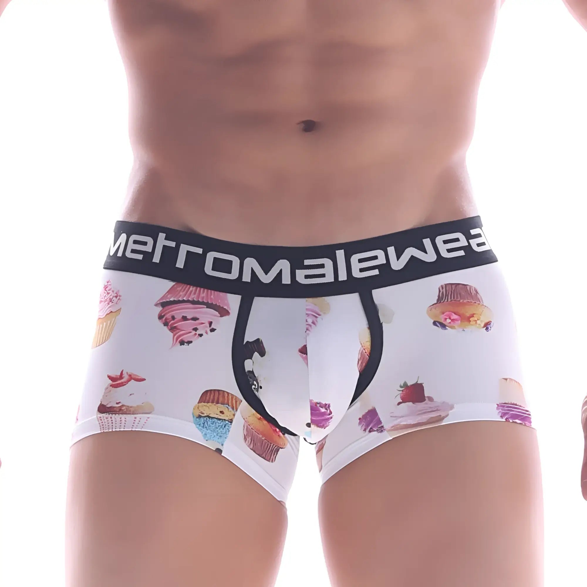 White men’s briefs with colorful cupcake print and black elastic waistband branded metromalewear metroMalewear sweet cake short boxer 7 2022-33