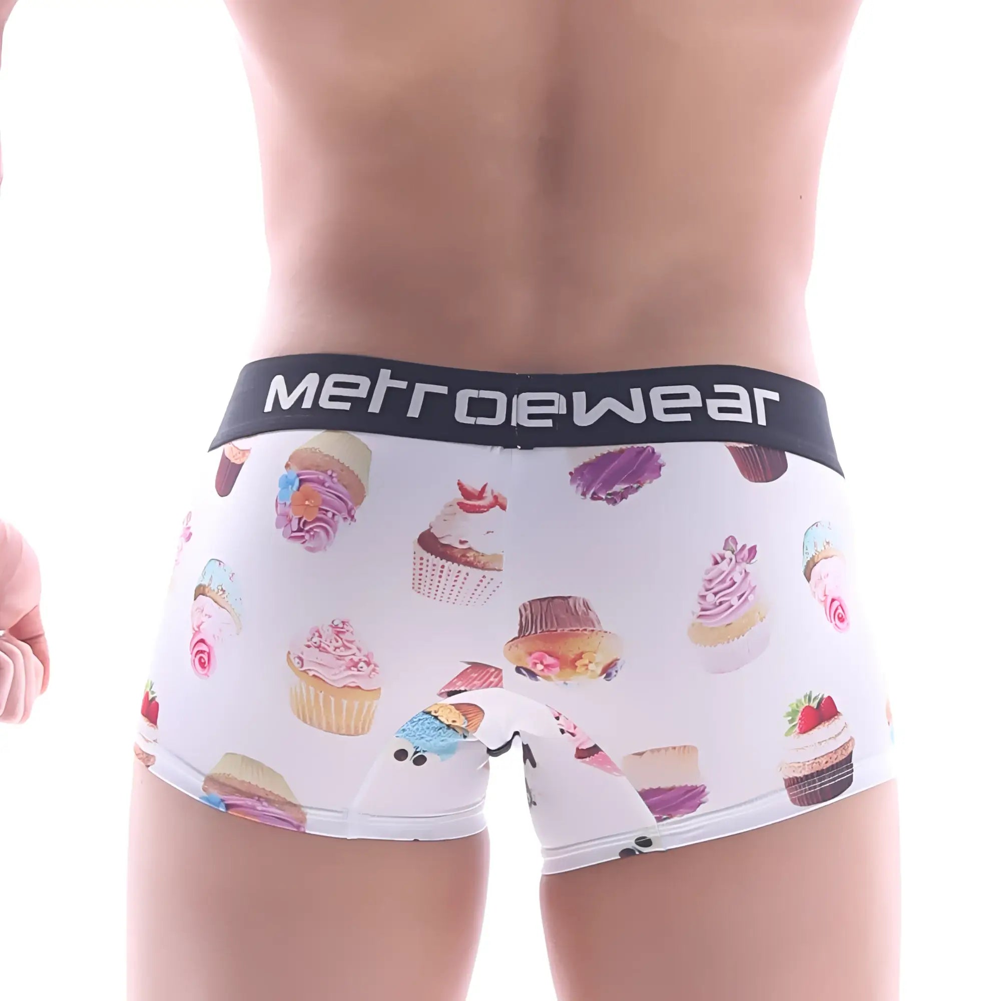White men’s briefs with colorful cupcake pattern and metrowear branded black waistband metro male wear sweet cake short boxer
