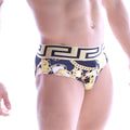 Navy blue and gold chain patterned men’s briefs with cream greek key waistband metro male wear swim brief lujo 4916-97