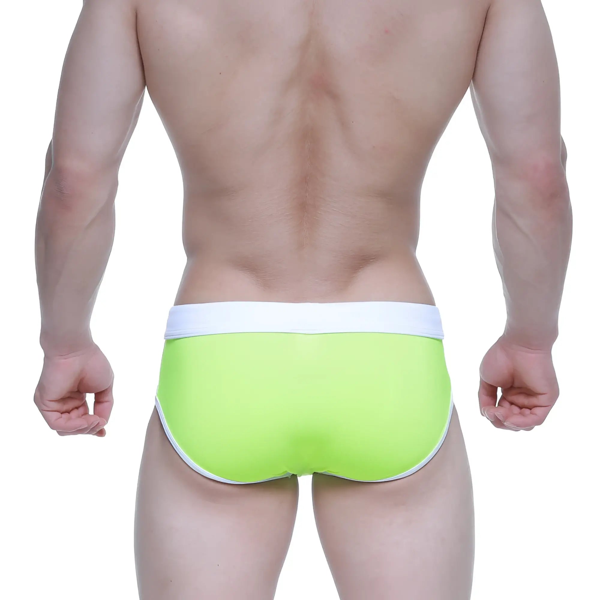 Bright lime green MetroMaleWear swim briefs with white waistband and trim perfect for swimming and beachwear