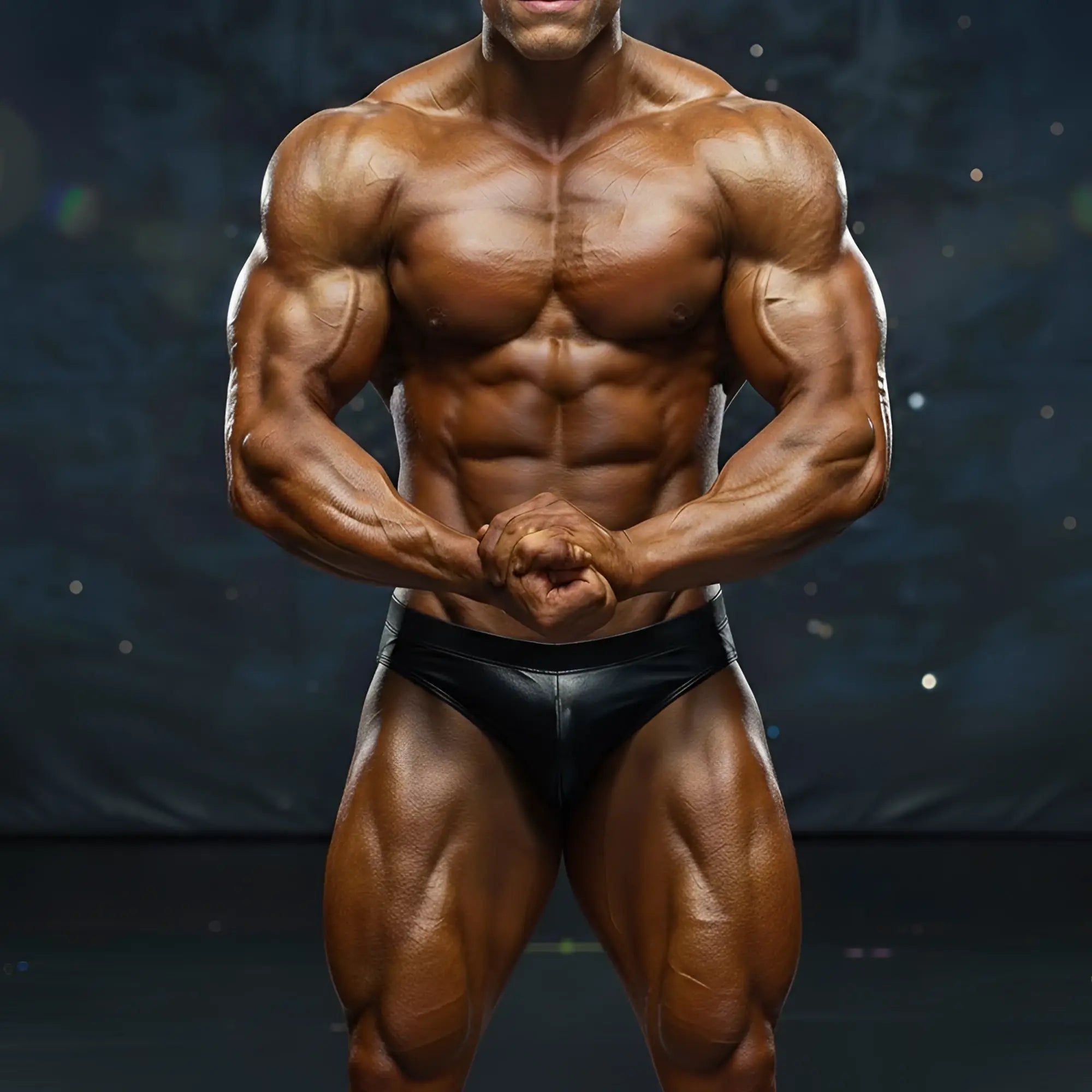 A muscular male bodybuilder wearing black glossy metroMalewear swim brief solid black 4946-19 competition briefs