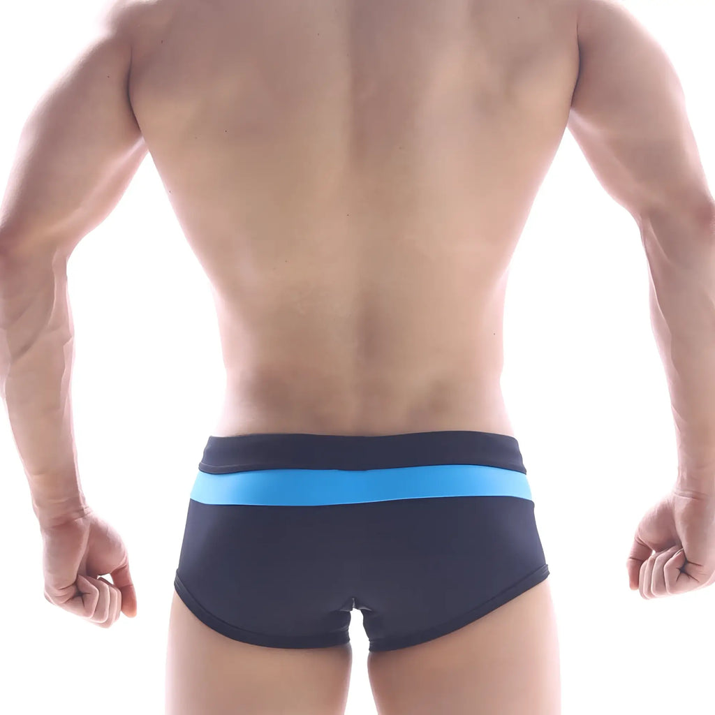 Black swim trunks with a bright blue horizontal stripe on the waistband from MetroMaleWear Swim Trunk Sky 4913-45