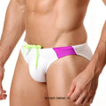 White swim trunks metroMalewear swimwear brief crystal purple with vibrant purple panel and neon green drawstring