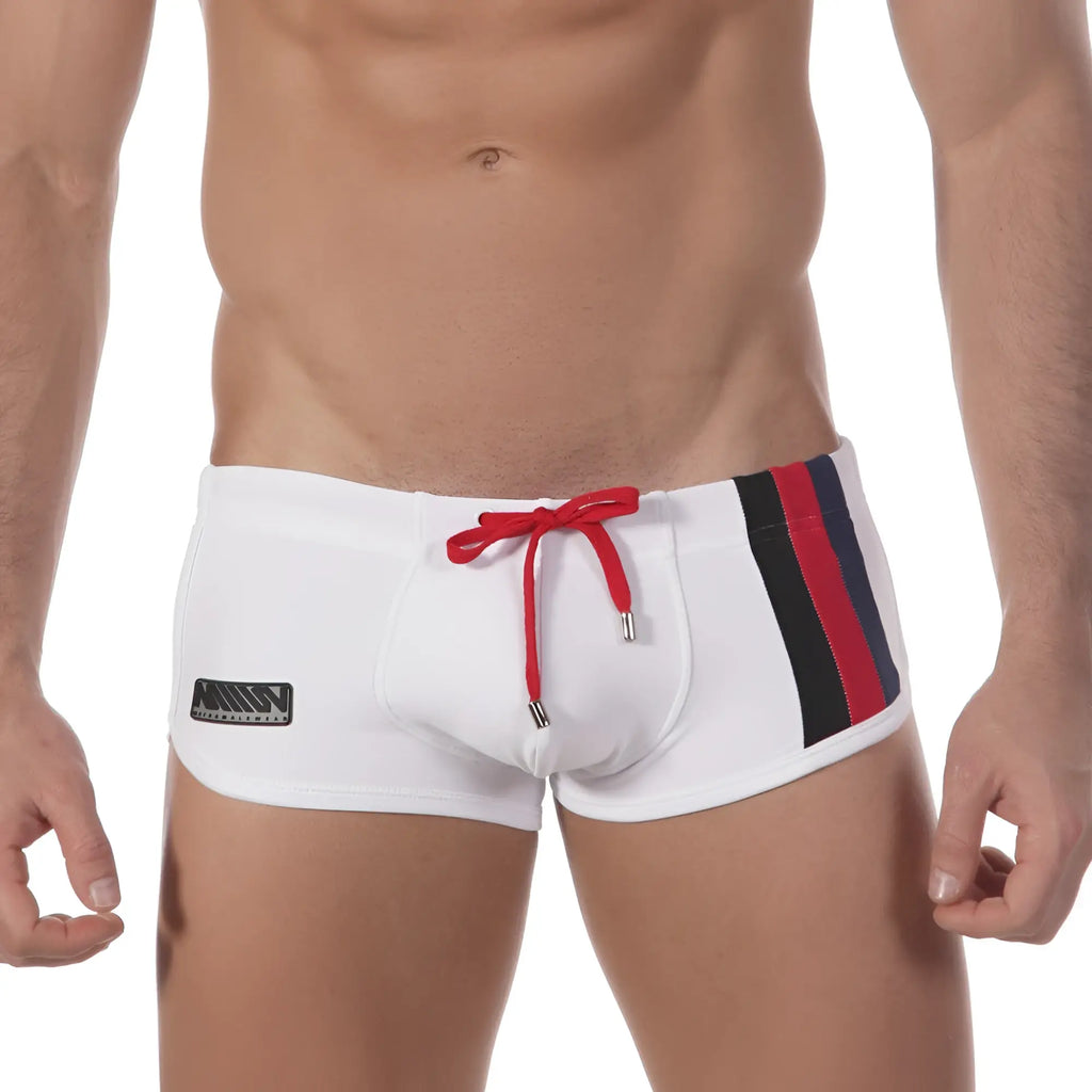 MetroMaleWear Taegeuk swim boxer white trunks with red and navy vertical stripes and matching red drawstring tie