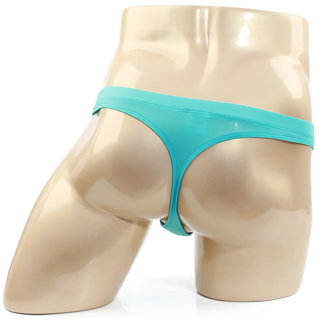 A sleek turquoise metro malewear tasman thong made of shiny latex with a minimalist design