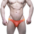 Orange and yellow mew brand MetroMaleWear Tasman Thong briefs with sleek form-fitting design in front view