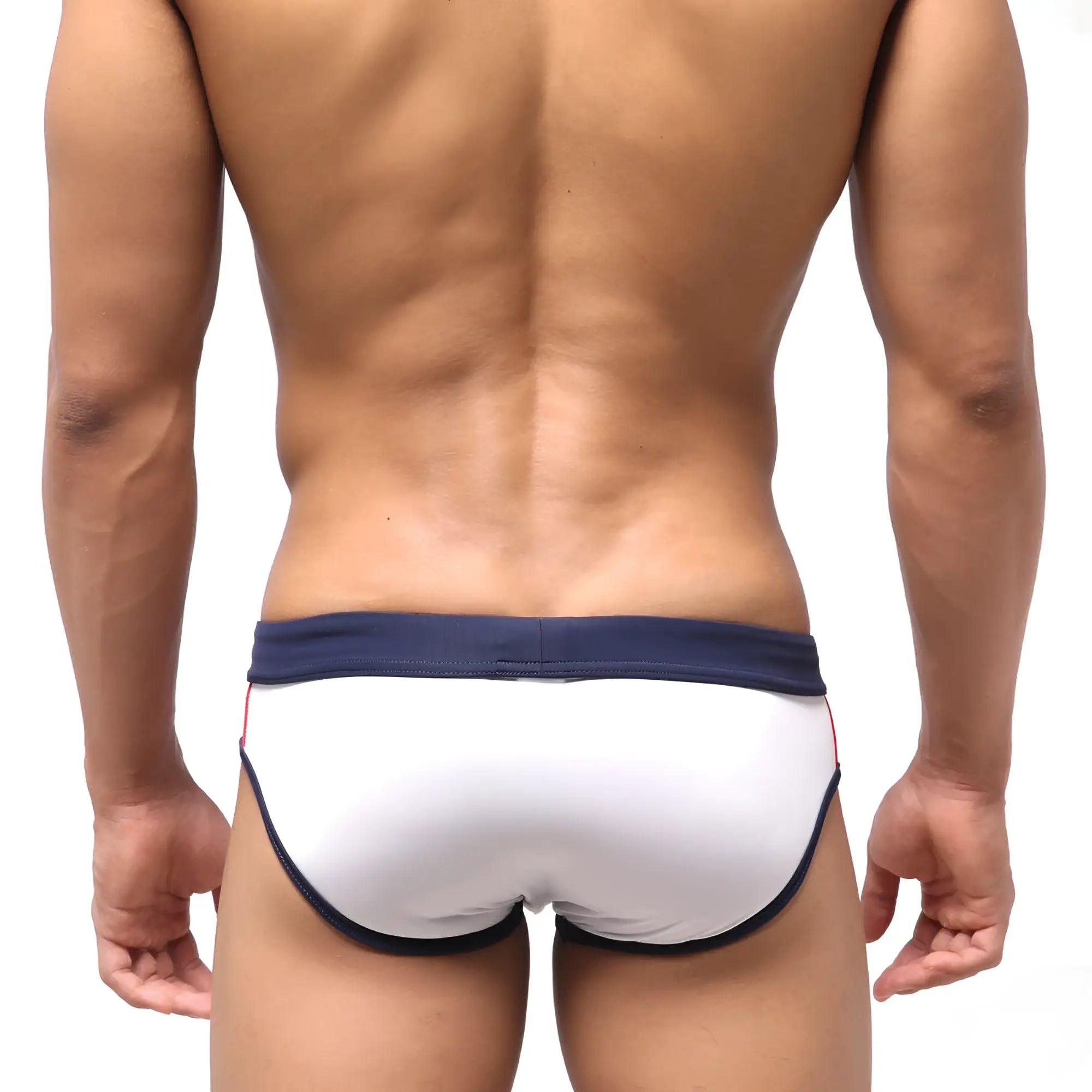 MetroMaleWear Tebai swim brief white with navy blue trim and red side accents designed for comfortable swimming