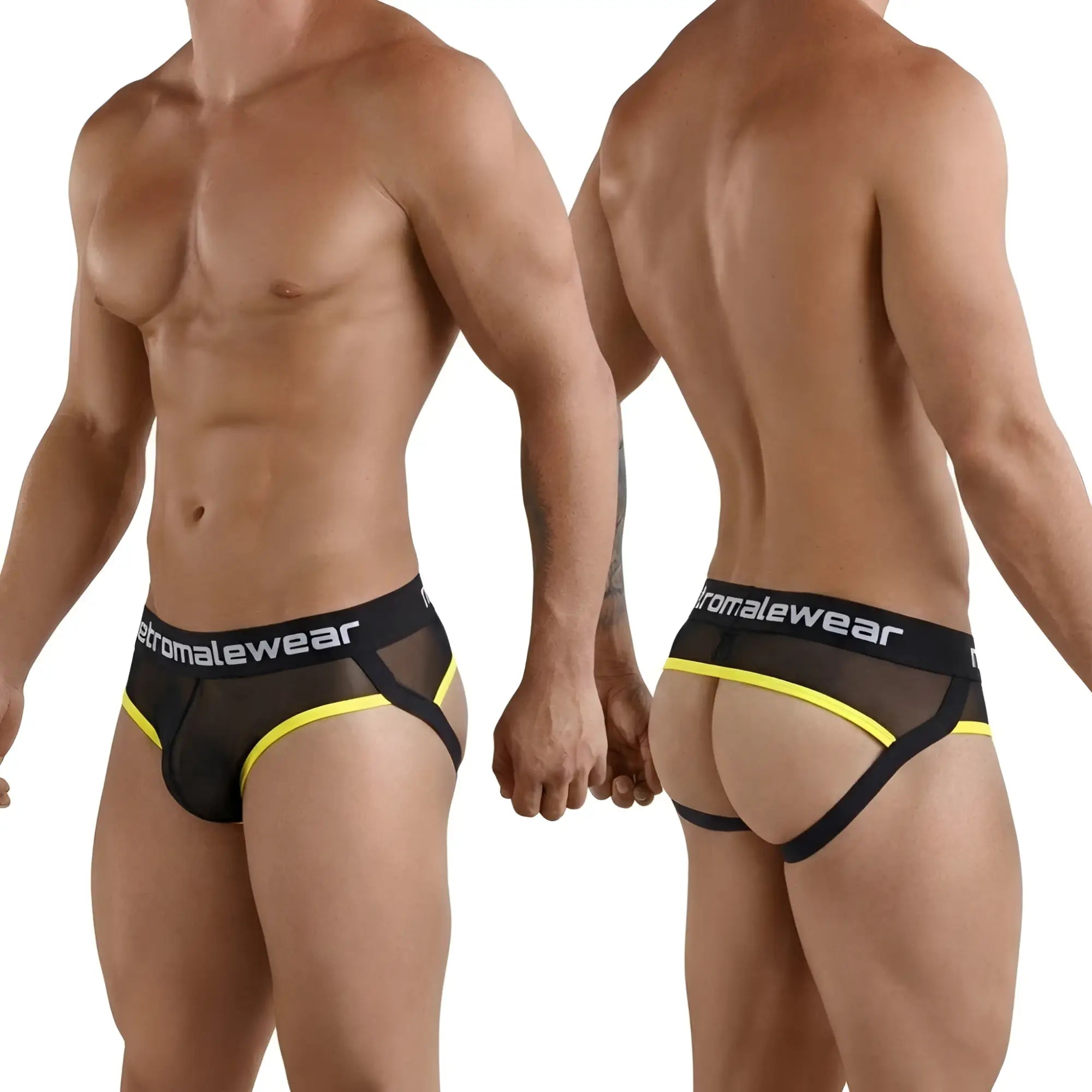 MetroMaleWear tequila jock strap 1331-20 in black and yellow mesh with a bold athletic design