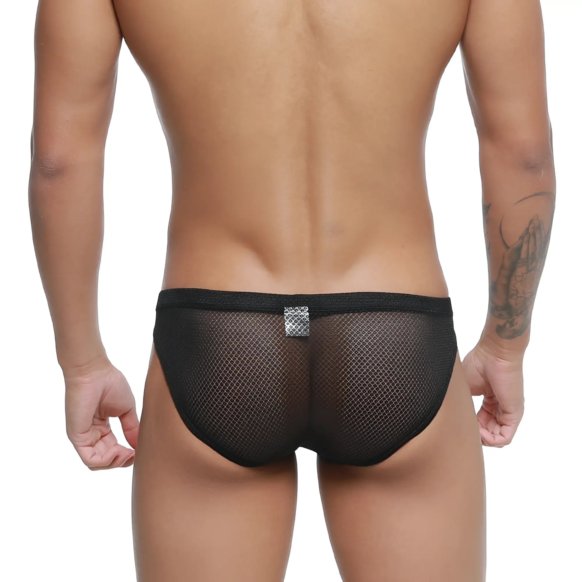 Back side of metro male wear terra bikini black 5103-87 mesh briefs with silver diamond pattern patch on waistband