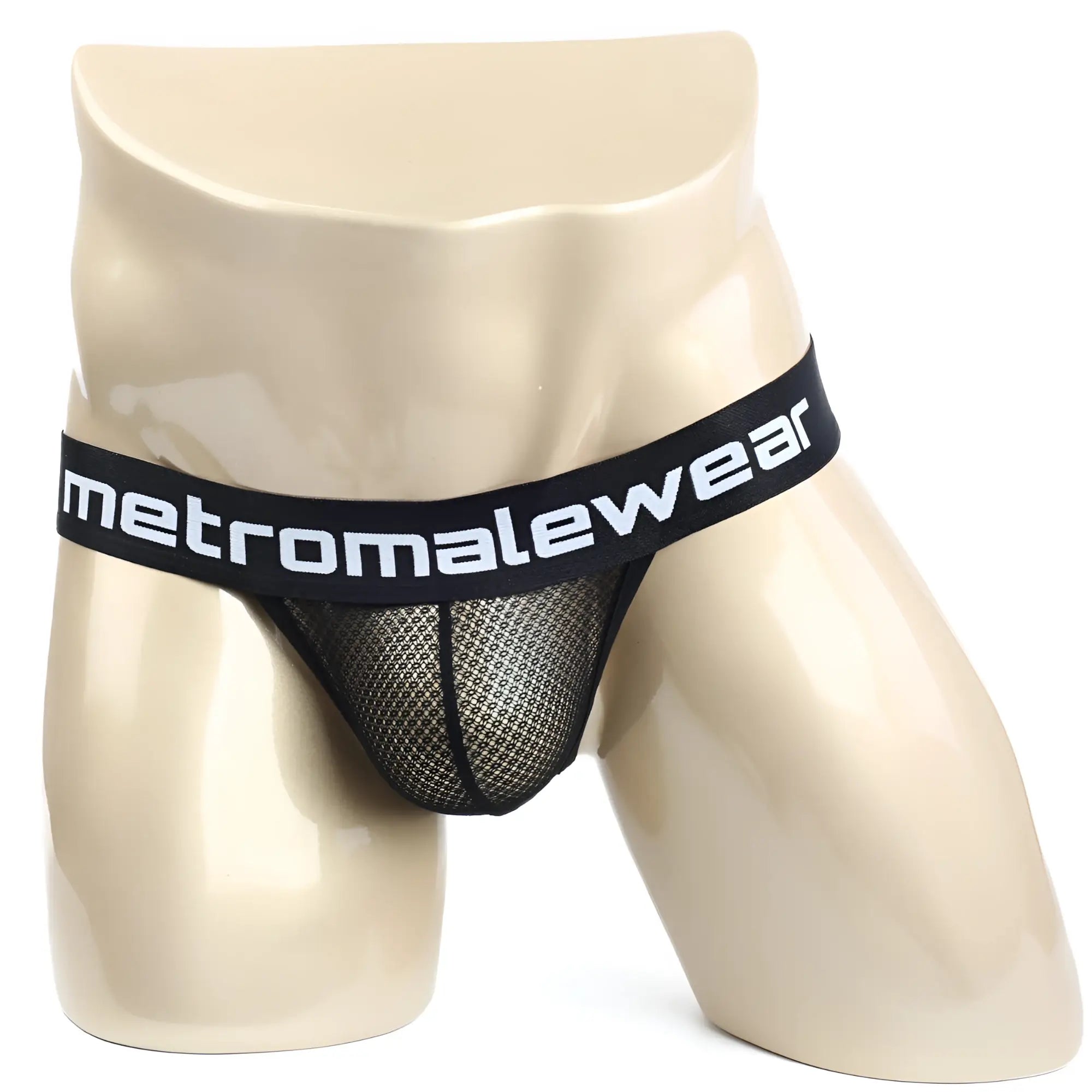 Black mesh briefs with black elastic waistband and metromalewear logo in white from metro male wear time thong tull 2902-30