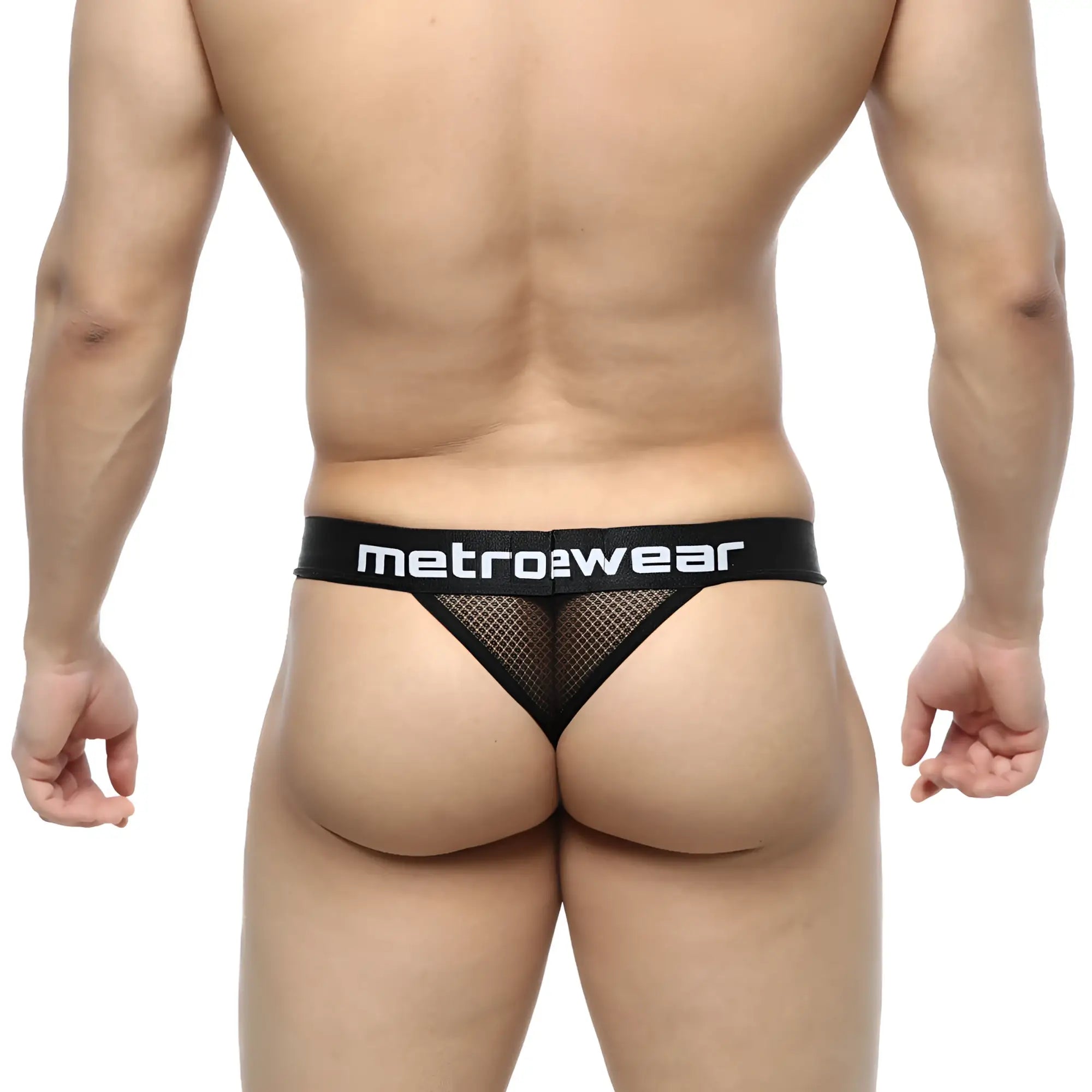 Black mesh MetroMaleWear Time thong with wide elastic waistband and white metrowear logo