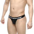 Black mesh MetroMaleWear time thong with wide elastic waistband and white logo lettering front view