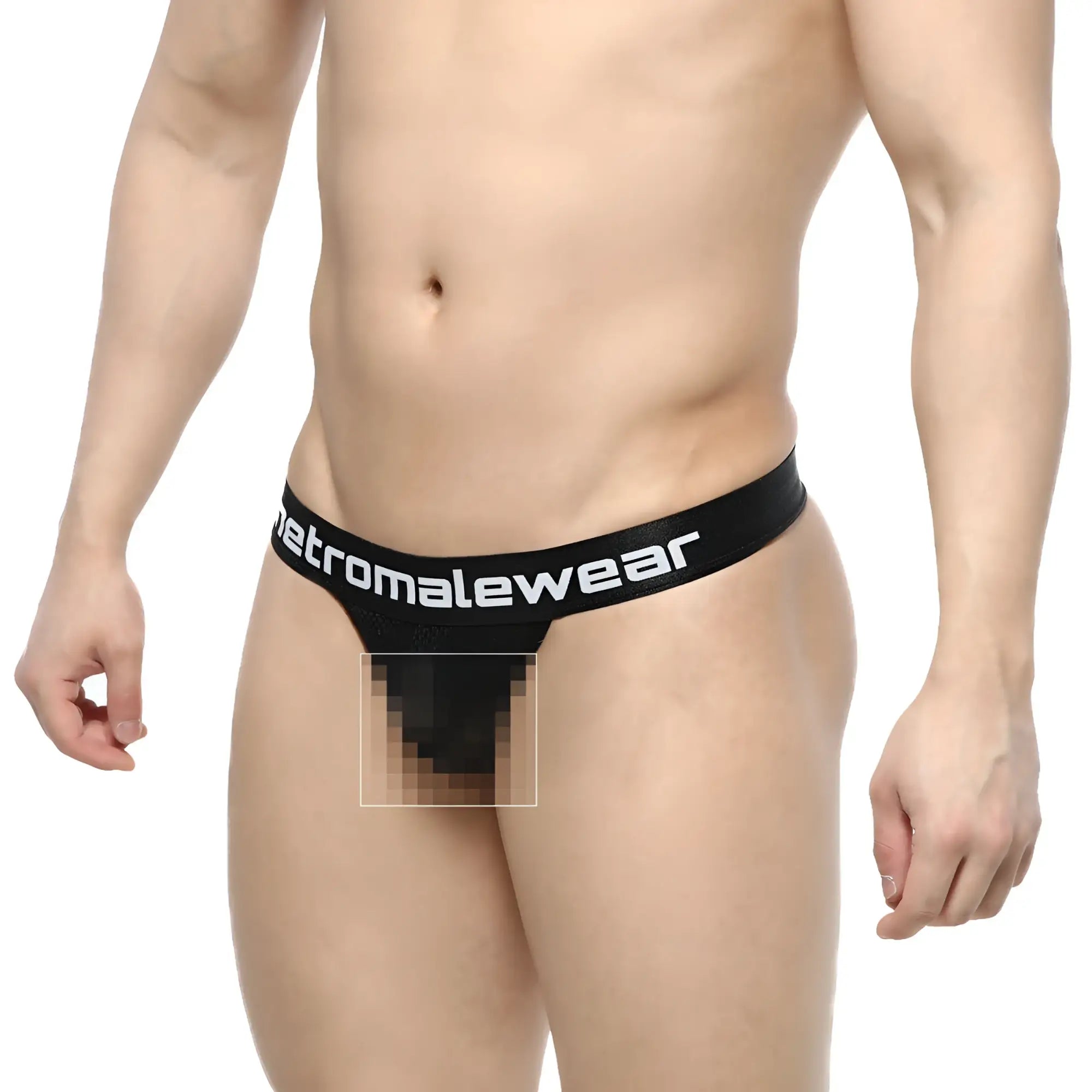 Black mesh MetroMaleWear time thong with wide elastic waistband and white logo lettering front view