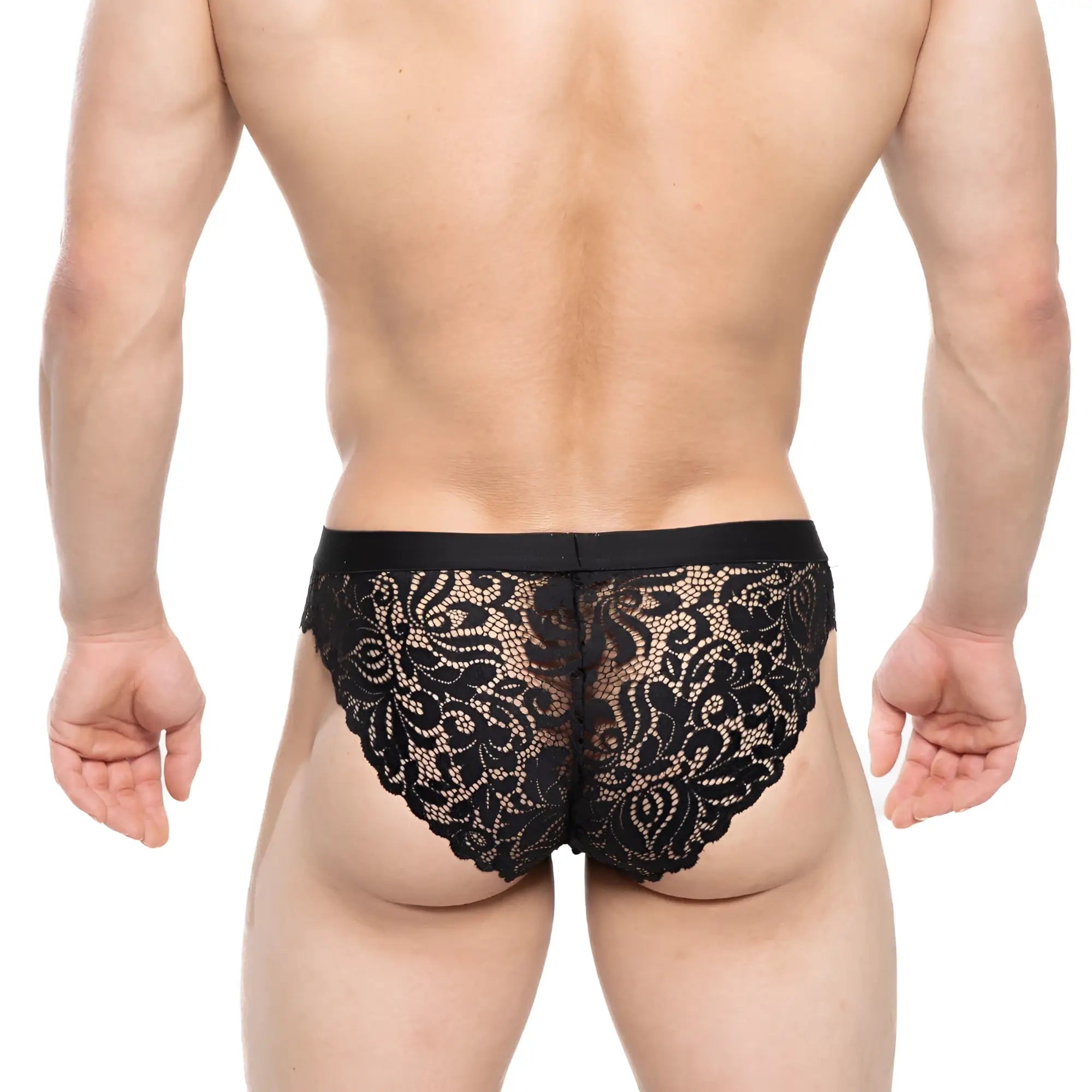 Black lace underwear metro malewear todd brief black 1403-20 with intricate floral patterns and solid waistband