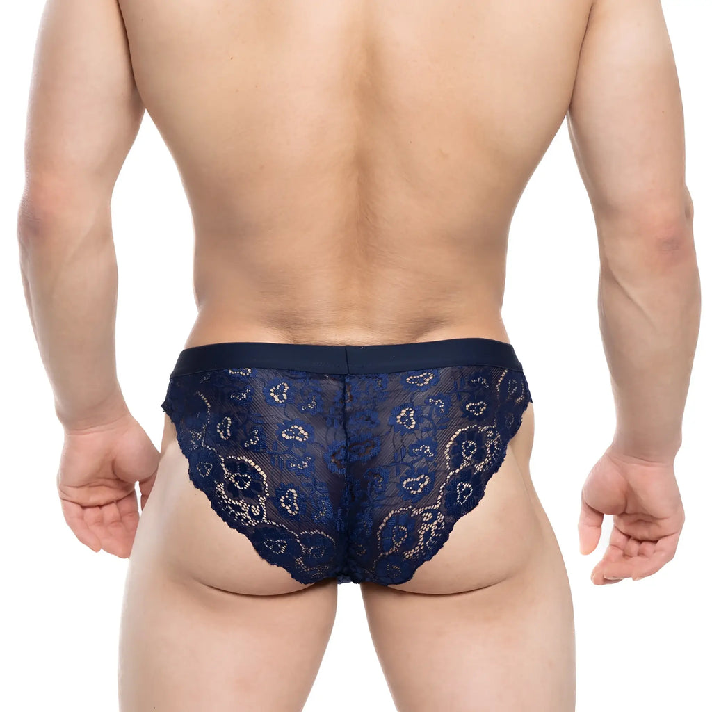 Navy blue MetroMaleWear Todd brief dark blue 1403-28 lace briefs with intricate floral patterns and solid waistband