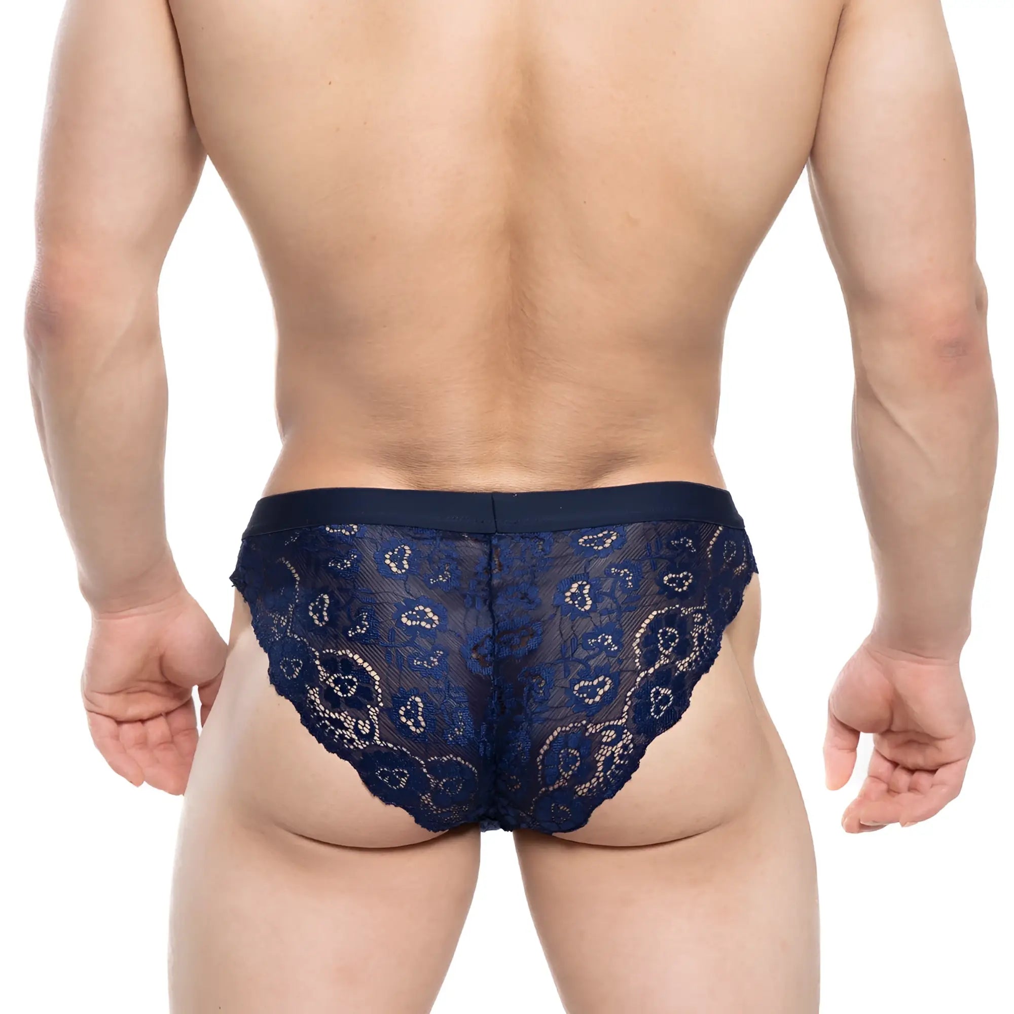 Navy blue MetroMaleWear Todd brief dark blue 1403-28 lace briefs with intricate floral patterns and solid waistband