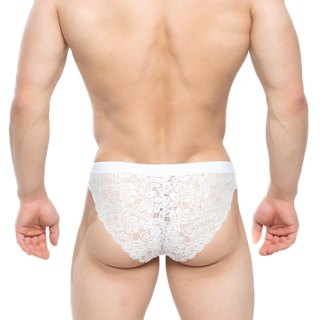 Metro male wear todd brief white lace briefs with delicate floral patterns and scalloped edge in white