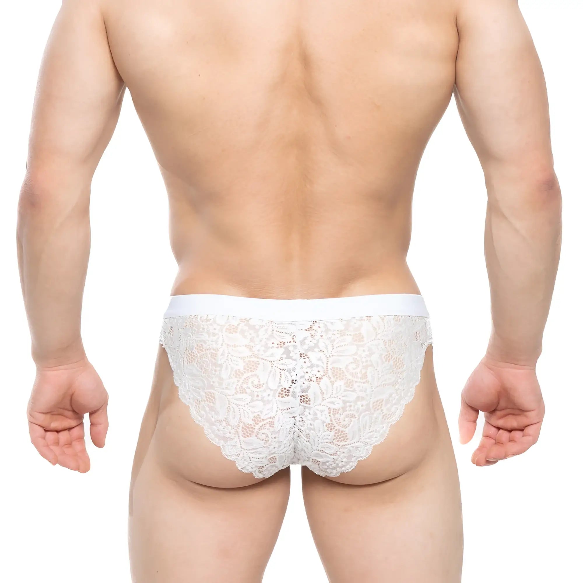 Metro male wear todd brief white lace briefs with delicate floral patterns and scalloped edge in white