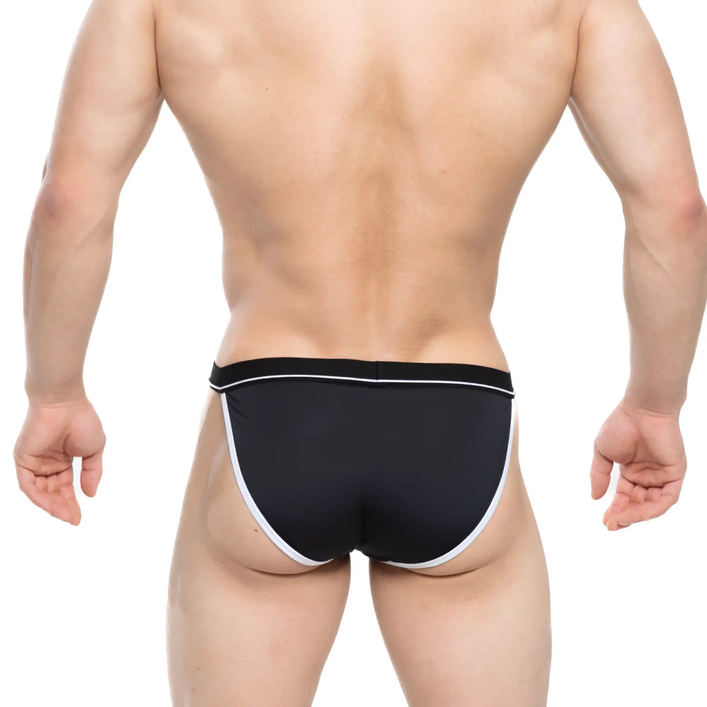 Black swim trunks with white trim metroMalewear tomcat bikini black 2904-20 for swim and beachwear