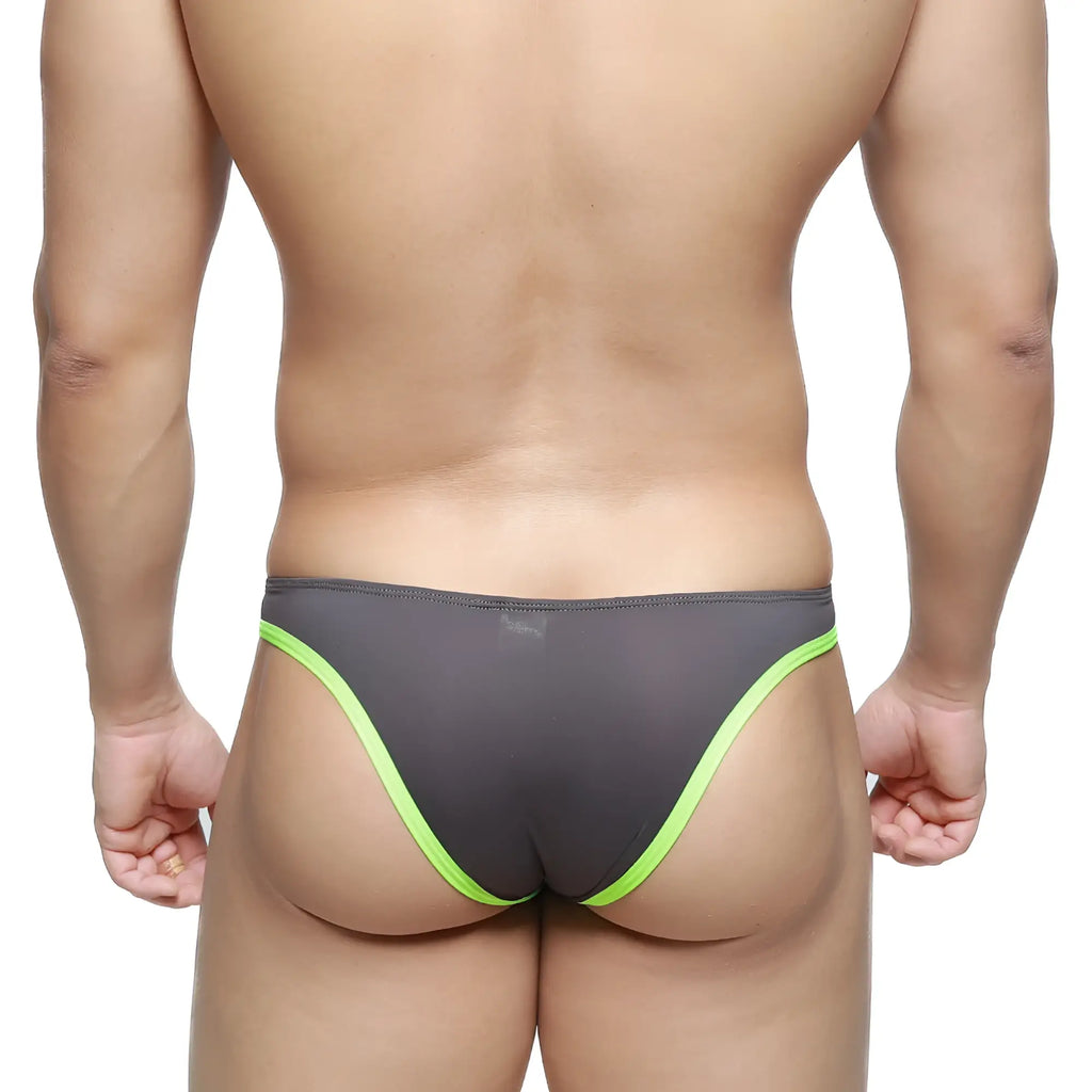 Gray mesh briefs with neon green trim metroMalewear top bikini neon green 6114-07 front view