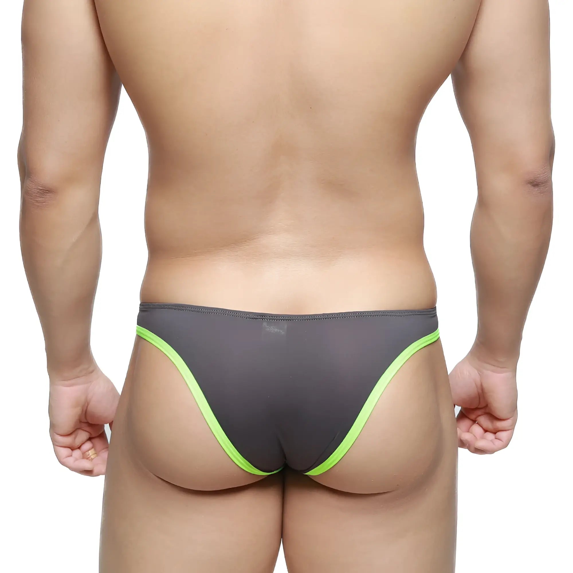 Gray mesh briefs with neon green trim metroMalewear top bikini neon green 6114-07 front view