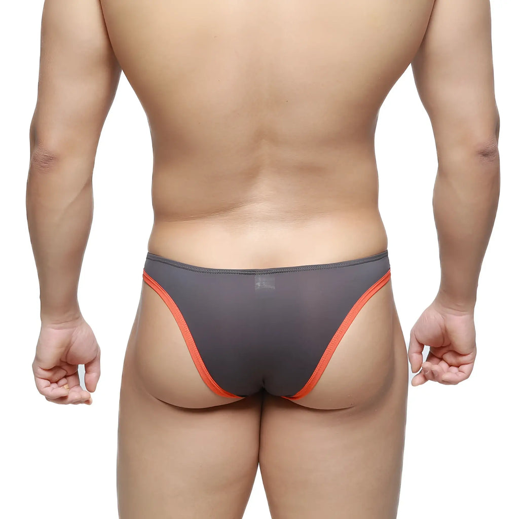 Gray mesh briefs with vibrant orange trim from metromalewear top bikini orange 6114-14 showcasing breathable fabric