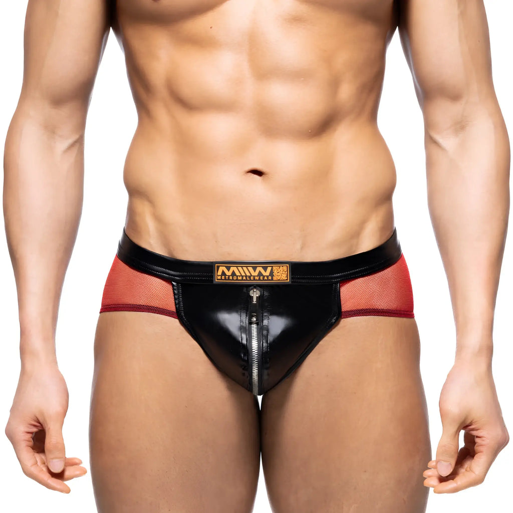 Black and red mesh briefs with shiny front zipper and miw logo waistband from MetroMaleWear toxine brief 5903-20