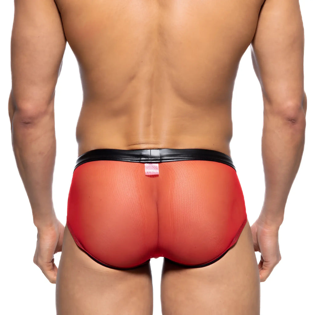 Red mesh briefs with black elastic waistband from MetroMaleWear toxine brief 5903-20 showing front view