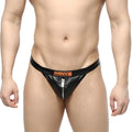 Black patent leather thong with central zipper and orange mw logo patch from metromalewear toxine 5902-20
