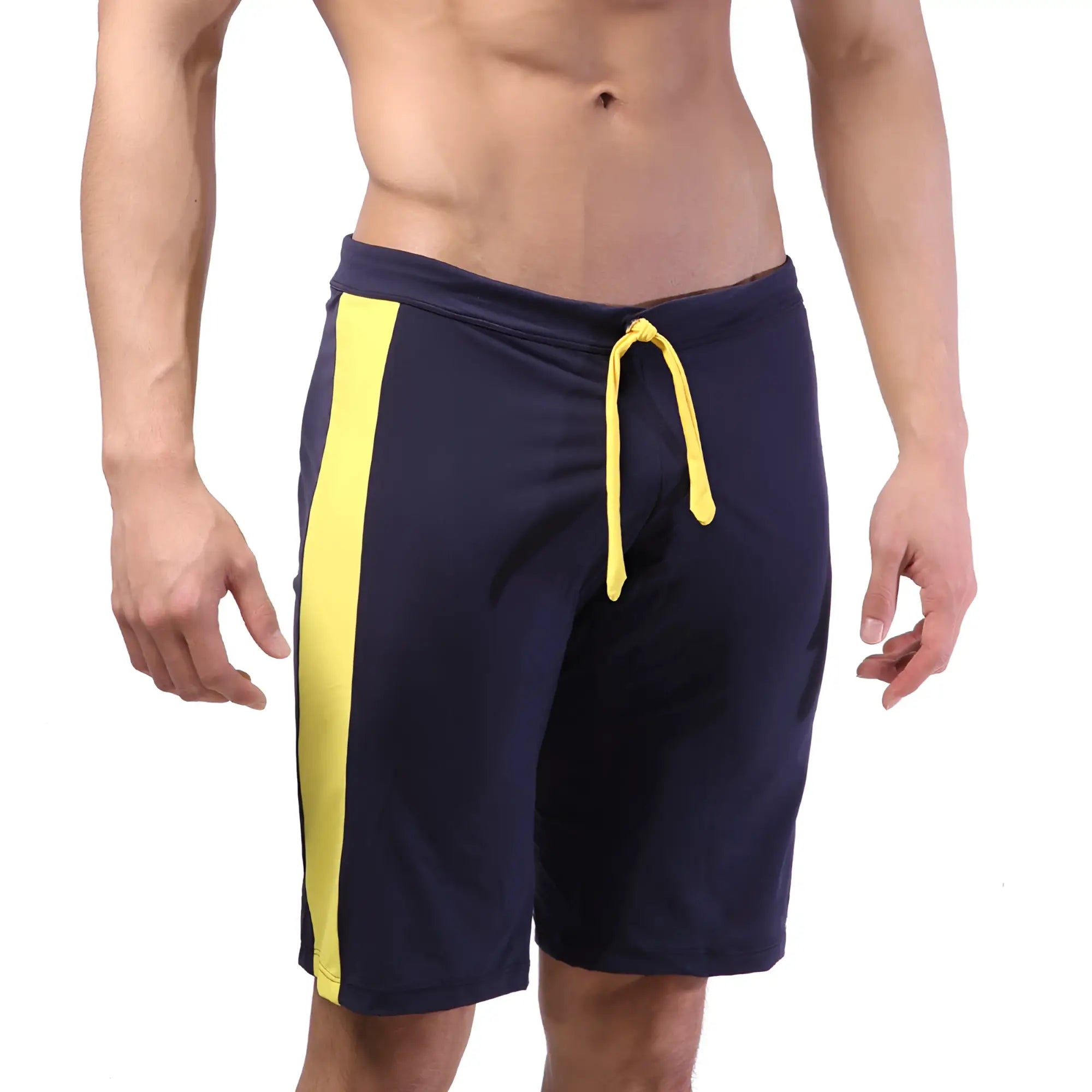 Navy blue MetroMaleWear trainer shorts with bold yellow side stripe and matching drawstring for athletic use