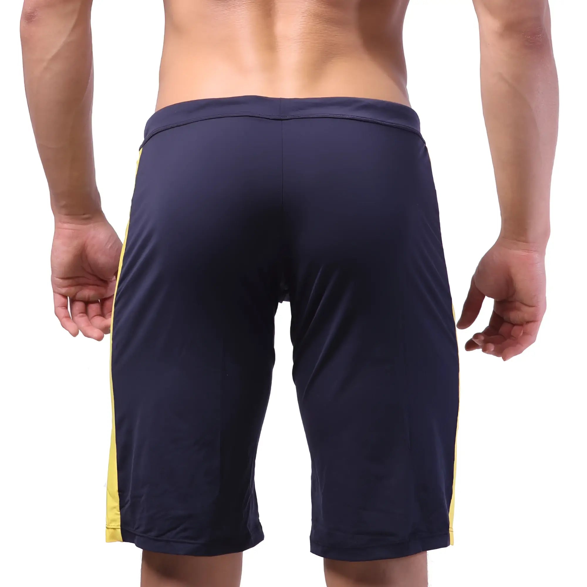 Navymale wear trainer shorts navy 4713-28 featuring navy blue fabric with yellow side stripes for athletic use